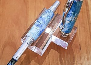 TRITON – Fountain Pen – Chrome with Titanium Gold Accents – Wood – Stabilized Box Elder Burl — Blue and Black