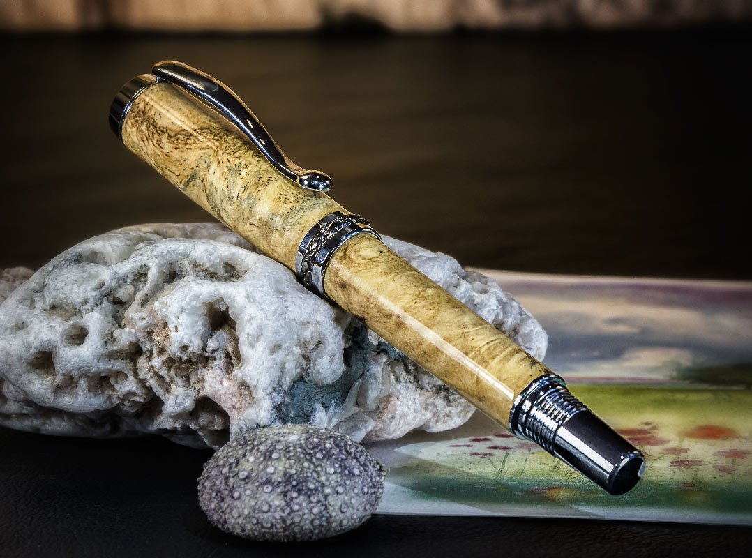 TRITON – Rollerball Pen – Chrome with Gun Metal Accents – Wood – Blond Gmelia Burl — In the media